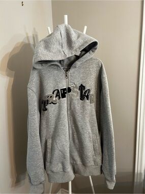 Kids Grey Zip-Up Hoodie with Embroidered 'TROUBLE' Graphic